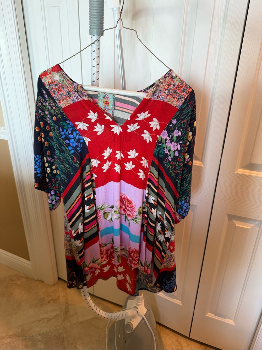 Johnny Was Multicolor Floral Patchwork V-Neck Tunic
